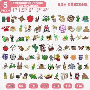Op de afbeelding: Een verzameling borduurontwerpen voor machines, met diverse motieven zoals eten, dieren en culturele symbolen. De ontwerpen zijn beschikbaar in 5 maten, variërend van 2,5 cm tot 10 cm. De afbeelding bevat de tekst "EMBROIDERY DESIGN FOR MACHINES" en "80+ DESIGNS".