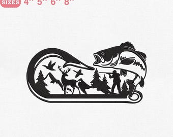 May include: Black embroidery design depicting a hunting and fishing scene with a deer, trees, birds, and a fisherman. The design includes a large fish and the text "EMBROIDERY DESIGN FOR MACHINES" with sizes 10 cm, 13 cm, 15 cm, and 20 cm.