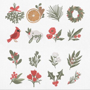 May include: A collection of sixteen embroidered motifs featuring holiday themes including mistletoe with a red bow, a citrus slice, cinnamon sticks, pine needles, a wreath, a red cardinal, the word joy, red flowers, berries, and holly leaves.