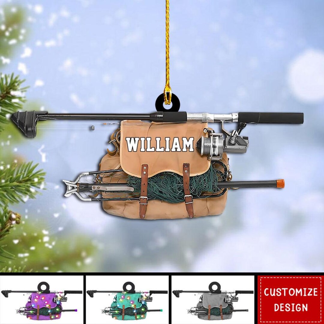 Personalized Fishing Bag Ornament, Custom Tackle Box and Rod Design ...