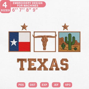 Peut inclure: Un motif de broderie représentant le drapeau du Texas, un crâne de longhorn et une scène de désert avec un cactus. Le mot "TEXAS" est brodé en dessous. Le motif est disponible en 4 tailles : 15.2 cm, 17.8 cm, 20.3 cm et 22.9 cm.