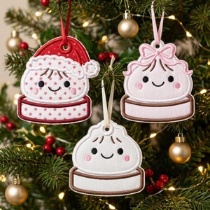 ITH Kawaii Dumpling Ornament Embroidery Design | Bao Bun Name Tag Applique | Christmas Santa Hat File PES JEF