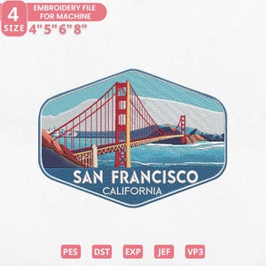 May include: Embroidered patch featuring the Golden Gate Bridge in San Francisco. The design includes the bridge in red and yellow, with blue water and sky. Text reads "SAN FRANCISCO CALIFORNIA". Available in 4", 5", 6", and 8" sizes.