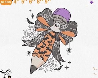 May include: An embroidery design for machines featuring a Halloween-themed pencil with a bow, ghost, and bats. The design includes the text "EMBROIDERY DESIGN FOR MACHINES" and sizes 4", 5", 6", 8", and 9". The design also includes spiders and spiderwebs.