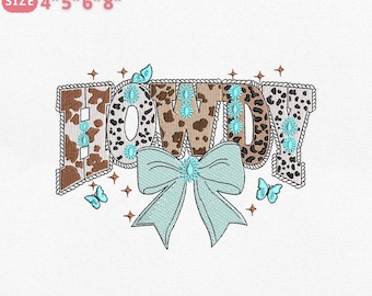 Western Howdy Embroidery Design, Cowprint Leopard Letters with Turquoise Bow and Butterfly File for Machine Embroidery, Instant Download