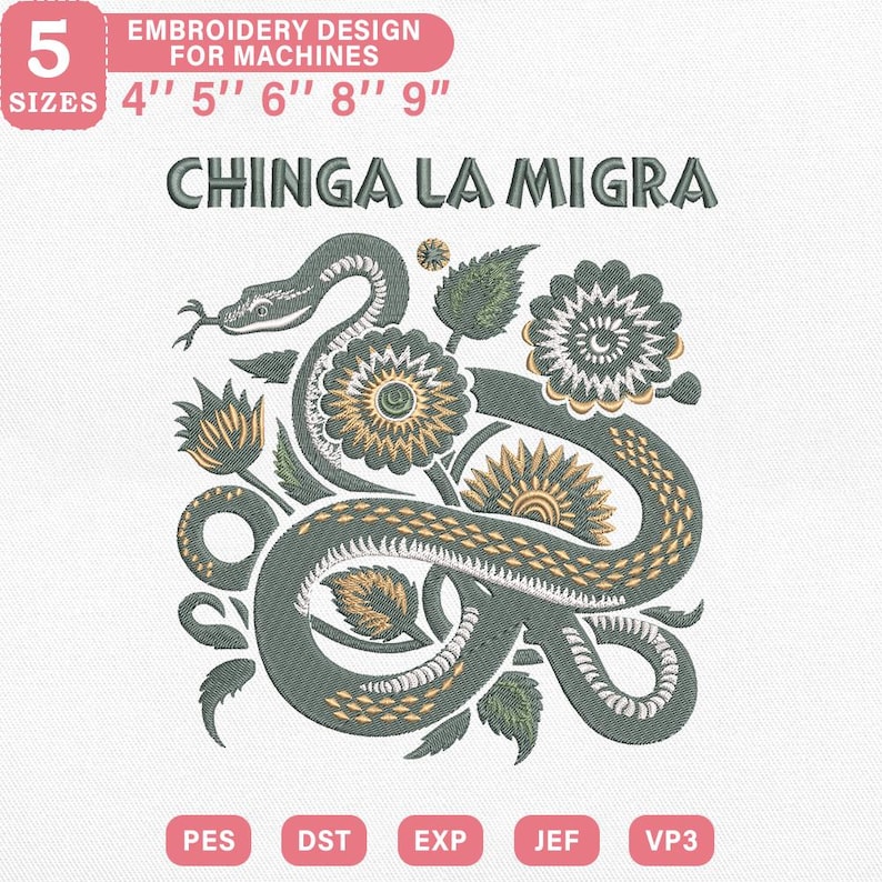 Pes Format Snake Chinga La Migra Embroidery File, Immigrant Rights Stitch, Snake ...