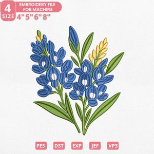 May include: An embroidery file for machine use featuring a detailed floral design. The image showcases blue flowers with green leaves and yellow accents. The file sizes are 4", 5", 6", and 8". The image also includes file type abbreviations: PES, DST, EXP, JEF, and VP3.