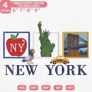 May include: Embroidery design featuring iconic New York City imagery. Includes a red apple with "NY", the Statue of Liberty, the Brooklyn Bridge, and a yellow taxi. Available in 4 sizes: 6", 7", 8", and 9".