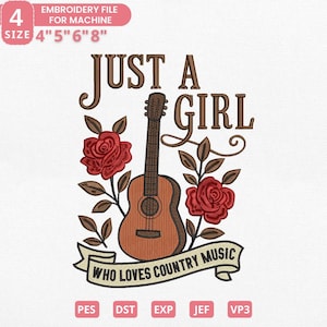 Könnte beinhalten: Ein Stickdateidesign mit einer braunen Akustikgitarre, roten Rosen und dem Text "JUST A GIRL WHO LOVES COUNTRY MUSIC". Erhältlich in den Größen 10,16 cm, 12,7 cm, 15,24 cm und 20,32 cm.
