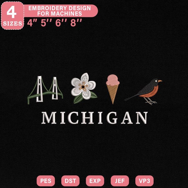 Michigan State Symbols Embroidery Design, Mackinac Bridge Robin Bird Apple Blossom Ice Cream Cone File, Instant Download, PES DST File