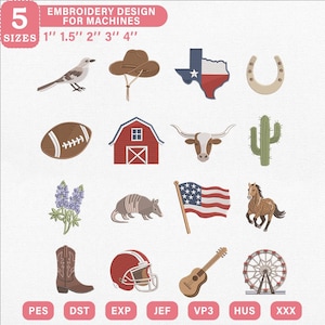 Texas Mini Embroidery Design Bundle, Western State Icons, Machine Embroidery File, Instant Download, Pes, Dst, ExpTags