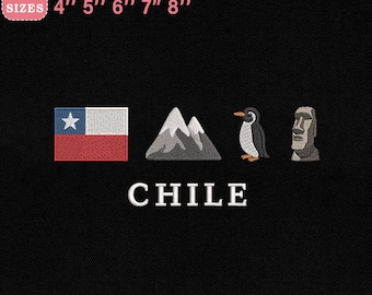 May include: Embroidery design featuring the Chilean flag, mountains, a penguin, and a Moai statue. The word "CHILE" is below the images. The design is available in 5 sizes: 4", 5", 6", 7", and 8".