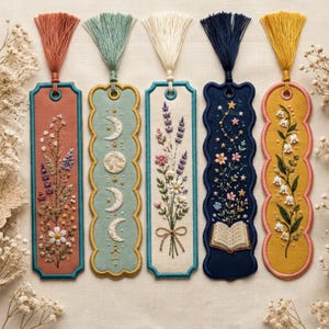 May include: Five rectangular fabric bookmarks with scalloped edges and tassels. Designs include a floral arrangement on terracotta, moon phases on sage green, wildflowers on cream, a book with stars on navy, and lily of the valley on yellow.