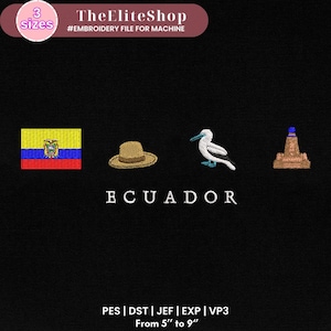 Puede incluir: Diseño de bordado con una bandera ecuatoriana amarilla, azul y roja, un sombrero marrón, un pájaro blanco y un edificio marrón. El texto "ECUADOR" está debajo de las imágenes. El texto "PES | DST | JEF | EXP | VP3" y "De 5" a 9" está debajo del texto "ECUADOR".