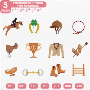 Pacchetto di mini disegni per ricamo equestre, file per macchine da ricamo a tema cavallo in stile preppy (download digitale)