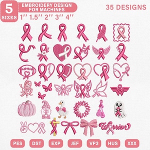 May include: A digital collection of 35 pink embroidery designs for machines, featuring various awareness ribbons, hearts, butterflies, a pumpkin, a gnome, a duck, a ghost, and the word Warrior. Includes 5 sizes from 1 inch to 4 inches.