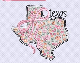 Texas Floral Embroidery Design, Coquette Bow Texas State Machine Embroidery, Girly Trendy Stitch, Instant Download, Dst, Pes, Jef, Exp, Vp3
