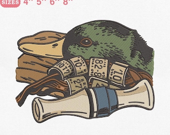 Duck Hunting Embroidery Design, Hunting theme Detailed Duck and Hunting Gear Machine Embroidery File, Instant Download Dst Pes Exp Jef Vp3
