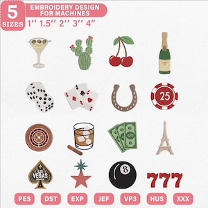 Peut inclure: Un ensemble de motifs de broderie numérique comprenant 16 icônes : martini, cactus, cerises, champagne, dés, cartes à jouer, fer à cheval, jeton de poker, roulette, whisky, billets, tour Eiffel, pique Las Vegas, étoile, boule 8 et 777.