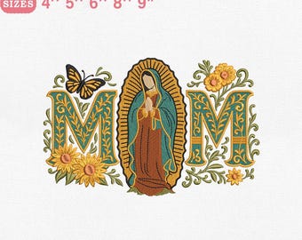 Guadalupe Mom Embroidery Design, Virgin Surrounded by Florals Machines File for Hispanic Mother Gift, Instant Download, 5 Sizes PES DST File
