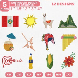 Puede incluir: Una colección de 12 diseños de bordado para máquinas, con símbolos culturales peruanos. Los diseños incluyen una bandera peruana, un sol, una llama, montañas, un cóctel, las Líneas de Nazca, un gorro chullo, zampoñas, la palabra "Perú", una botella, maíz y una flor. Tamaños de 2.5 cm a 10 cm.