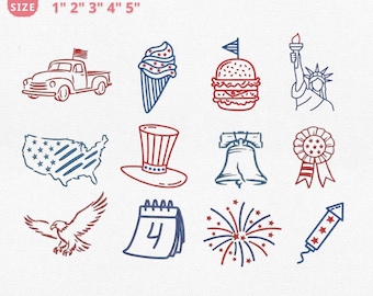 4th of July Line Art Embroidery Designs, USA Mini Icons Embroidery File, Red White Blue 250 Years of Freedom Pes Jef Dst Exp