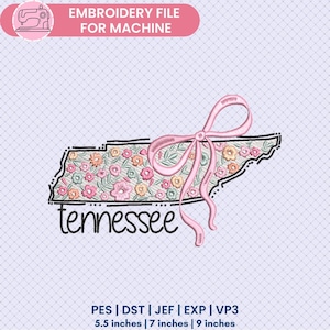 Tennessee Floral Embroidery Design, Coquette Bow Tennessee State Machine Embroidery, Girly Trendy, Instant Download, Dst, Pes, Jef, Exp, Vp3