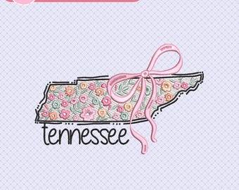 Tennessee Floral Embroidery Design, Coquette Bow Tennessee State Machine Embroidery, Girly Trendy, Instant Download, Dst, Pes, Jef, Exp, Vp3