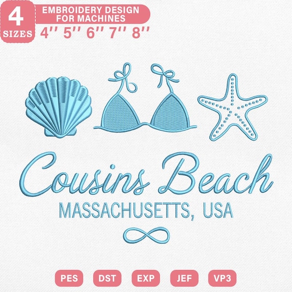 Cousins Beach Embroidery Design, Bikini Shell Starfish Summer Theme Embroidery File For Machine 4 Sizes Instant Download, PES DST File