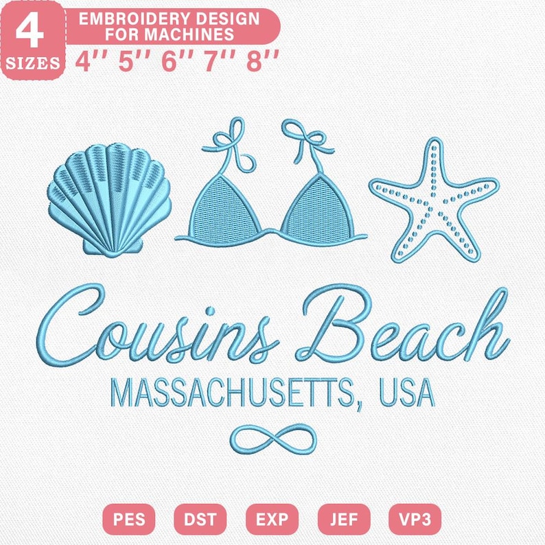 Puede incluir: Un dise&ntilde;o de bordado con una concha, un top de bikini y una estrella de mar en azul claro. Se incluye el texto "Cousins Beach, Massachusetts, USA". El dise&ntilde;o est&aacute; disponible en 4 tama&ntilde;os: 10.16cm, 12.7cm, 15.24cm, 17.78cm y 20.32cm.