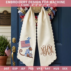May include: Cream-colored embroidered scarf with scalloped edges. Features an embroidered monkey holding an American flag and the initials "MHM". The text "EMBROIDERY DESIGN FOR MACHINE" and size details are at the top.