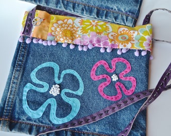 Sac à main bohème - sac en jeans recyclé - sac à main flower power