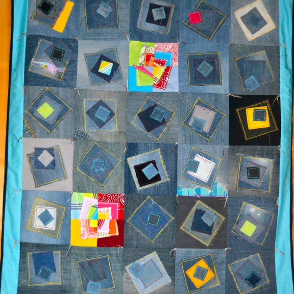 Patchwork en jean's et tissus colorés avec bordure turquoise - tableau textile