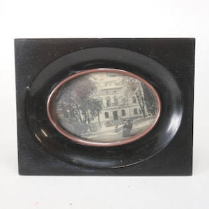 Antique Wood Oval Picture Frame - Black Paint - Rectangle Frame with Oval Picture - Stands - Holds 3 1/4&quot; x 2 1/4&quot;