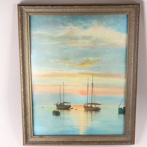 Vintage Hand Colored Photograph of Sailboats at Sunset - Hand Tinted Photograph - Excellent Resolution and Colors - Very Good Condition