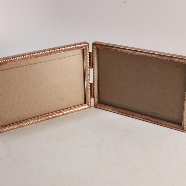 Vintage Folding Steel Photo Frame - Double Landscape Frame - Gold Tone Desk Photo Frame - Gold Tone - Each Holds 5" x 3 1/2" Photo