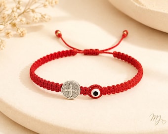 Saint Benedict and Evil Eye Red Bracelet, Custom Protection Bracelet with Charms