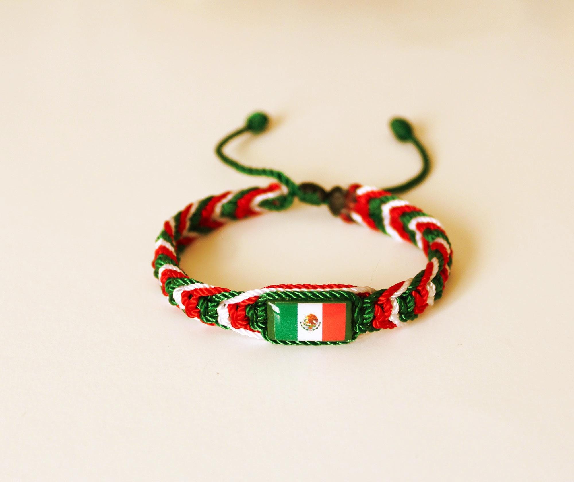 Mexico Flag Macrame Bracelet, Adjustable Unisex Mexican Jewelry