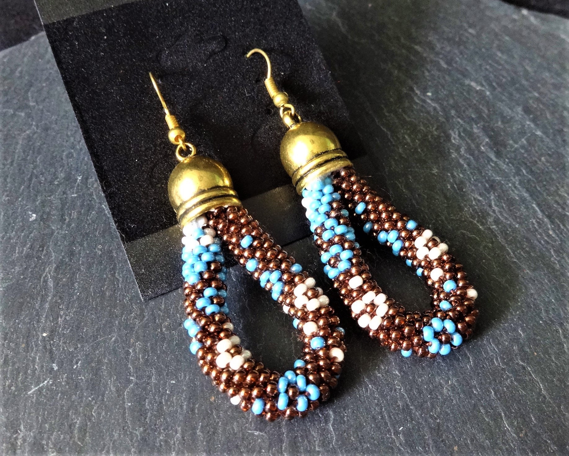 Beaded Dangle Blue and Brown Earrings Boho Earrings Trendy | Etsy