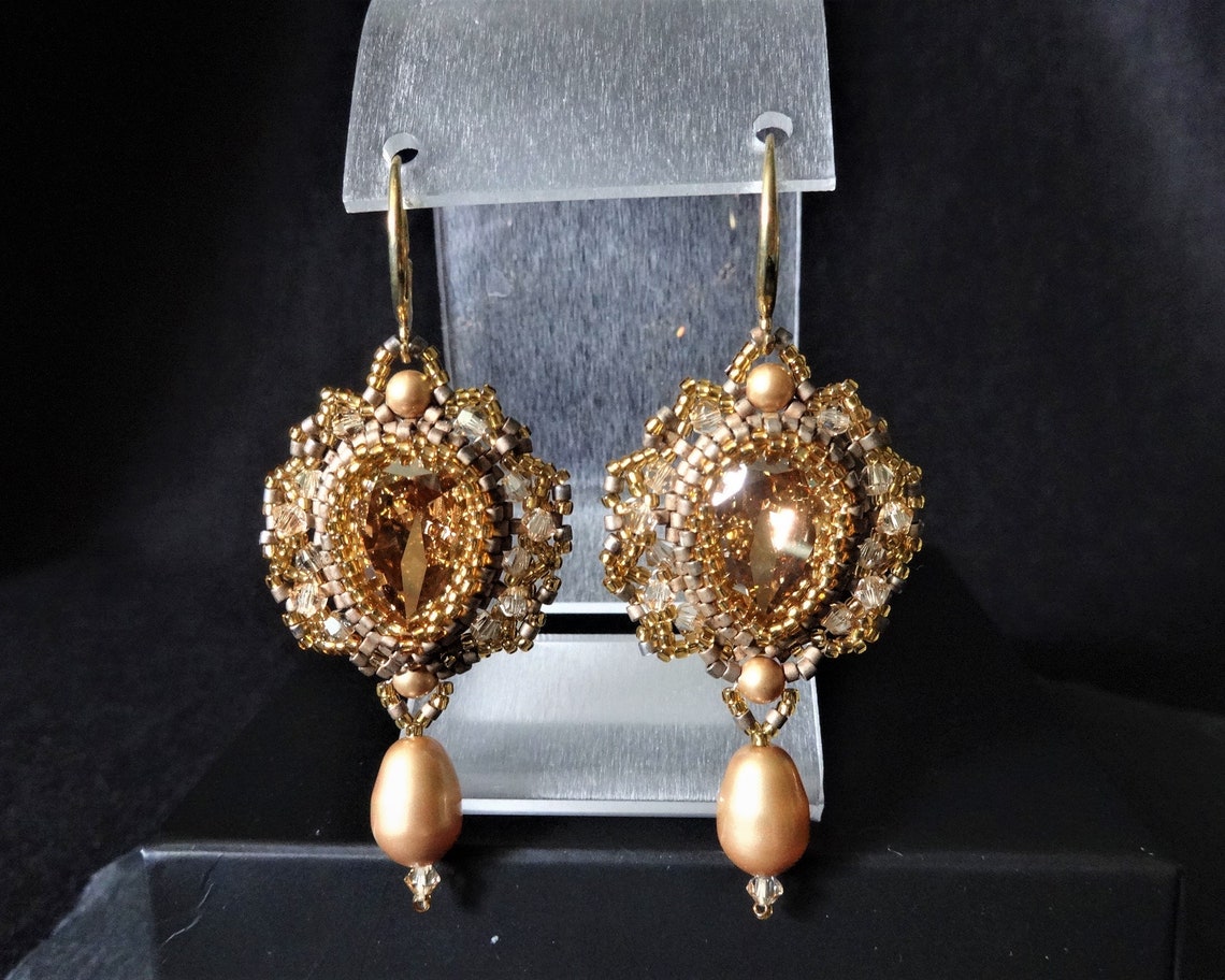 Drop Pearl Earrings Beige Beaded Earrings Gold pearl earrings | Etsy
