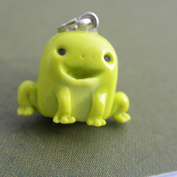 Polymer Clay Frog Charm,handmade,OOAK,black,yellow,green,lobster claw,cellphone strap,tiny jewelry,bracelet,gift idea,cute,kawaii,simple