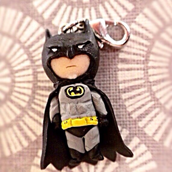 Polymer Clay Batman Charm,bat,DC comics,black,yellow,super,hero,girl gift,chibi,tiny,small,handmade,necklace,bracelet,small gift idea,OOAK