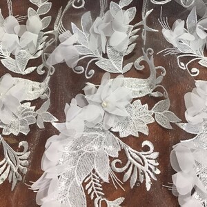 white bridal lace fabric, white tulle with 3D flowers sequins pearls veil bustle wedding dress lace