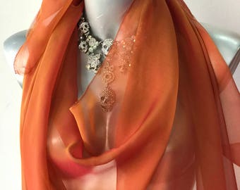 Silk chiffon fabric two tone orange russett semi opaque 140cm wide