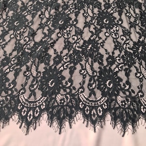Black corded lace fabric, 1.5 yards piece, black bridal lace, scallop edge both ends black Alencon lace formal evening  bridal