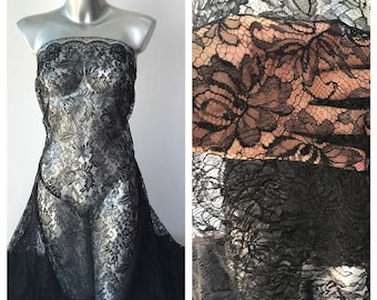 Black lace fabric, French lace Solstiss floral lace scallop edge with eyelash cocktail dress Burlesque, Goth wedding 95cm wide