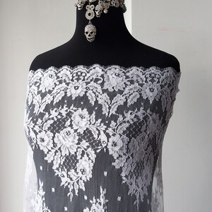 White bridal lace fabric, French Lace, floral lace roses Solstiss white lace wedding dress fabric scallop edging eyelash lace 140cm wide