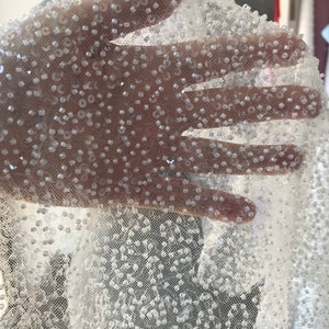Fully beaded bridal lace fabric, tulle base with beads and clear sequins scallop edge