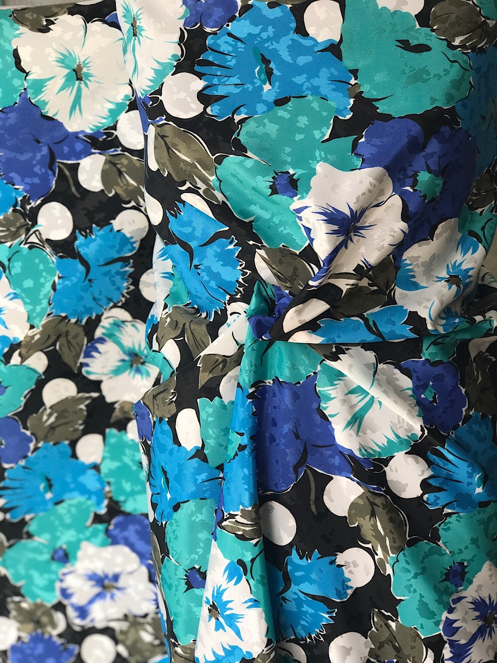 Polyester print fabric jacquard base floral green blue white Etsy