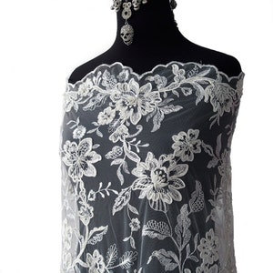 Ivory Beaded Lace fabric beaded tulle floral embroidery cording pearls sequins bridal lace beaded lace fabric scallop edging